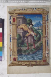 Página completa: miniatura encerrada en un marco arquitectónico: un joven arroja a una mujer al mar, c.1504-1507 (pintura al temple)
