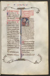 Página completa: texto e inicial historiada: sentado a la izquierda, el comentarista Constantinus Africanus de Montecassino.