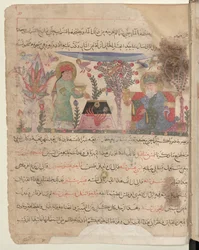 Página completa: texto y miniatura: el médico Philagrius y su ayudante preparando el theriac (miniatura)