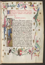 Página completa: texto, inicial y viñas con las armas de Federico III debajo