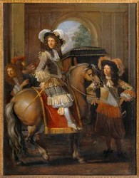 Noble a caballo con su séquito ante una puerta gigante - Gentilhomme à cheval et carrosse devant une porte monumentale ...
