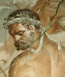 Heracles encuentra a su hijo Télefo en Arcadia Detalle: cabeza de Heracles