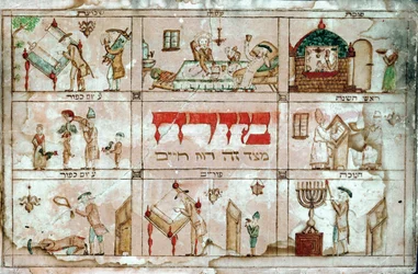 Mizrach, decoración colgada en las paredes de una casa para indicar la dirección de la oración, orientada al este, hacia Jerusalén (acuarela sobre papel).