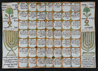 Calendario del Omer, para contar los 49 días entre Pascua y Shavuot, la cosecha de cebada (acuarela sobre papel)