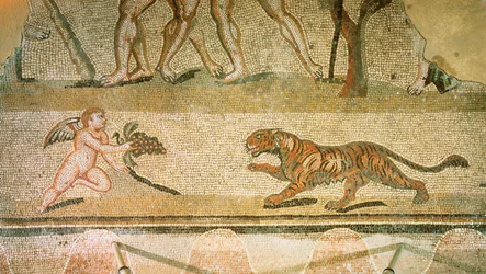 Putto y tigre. Mosaico de la Villa Hermes, Aquincum, Hungría