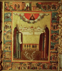 Santa Sosima y Santa Sawati sosteniendo una maqueta del monasterio de Solowski (icono)