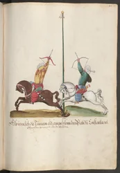 Soldados de diversas tierras y culturas: Dos arqueros turcos a caballo durante una práctica de tiro.
