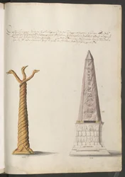 Columna salomónica que concluye con tres cabezas de serpiente; obelisco