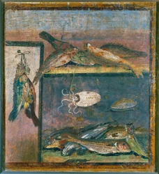Naturaleza muerta con pájaros, peces y pulpos