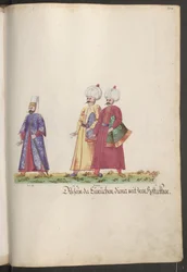 El serail de la sultana: eunuco con dos sirvientes que llevan mantas de caballo.