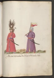 Dos soldados fronterizos turcos con decoración en la cabeza, hachas de combate y sables.