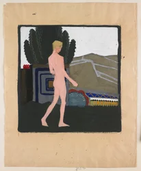 Desnudo masculino de pie en un paisaje, c.1914 (gouache sobre papel)