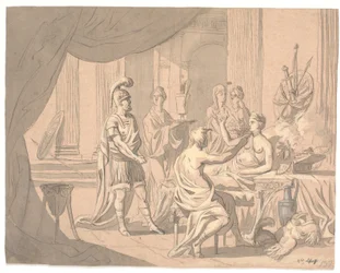 Escena antigua. Una dama noble adornada por otras damas frente a un guerrero con casco