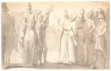 Escena figurativa con un hombre santo con cuernos entre soldados romanos