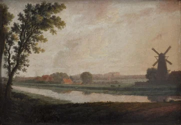 Paisaje fuera de Copenhague con la iglesia y el palacio de Frederiksberg en la distancia