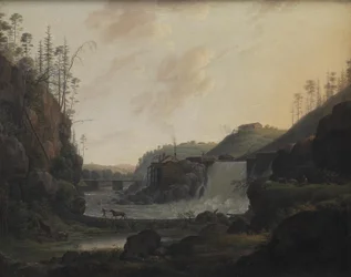 Paisaje fluvial con una cascada cerca de Bogstad en Noruega
