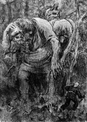 Los niños se encuentran con los trolls en el bosque de Hedals (dibujo)