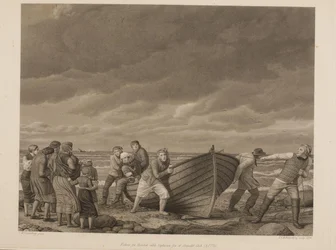 Pescadores de Hornbek rescatando al Capitán de un barco encallado (A.1775)
