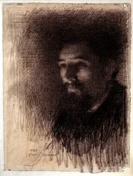 Retrato del pintor Georges Pierre Seurat. Dibujo a carbón sobre papel blanco por Laurent Ernest (1858-1929)