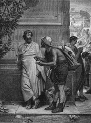 Ostracismo en la antigua Grecia: "Aristide y el campesino". Un campesino analfabeto que no reconoce al estadista ateniense Aristide el Justo, le pide que escriba su nombre en una concha. Grabado después de la pintura de Eugene Erne