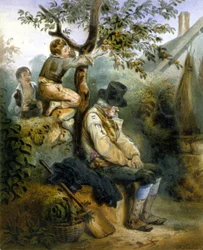 Niños robando manzanas bajo la nariz del granjero dormido - litografía por Grenier, c.1840