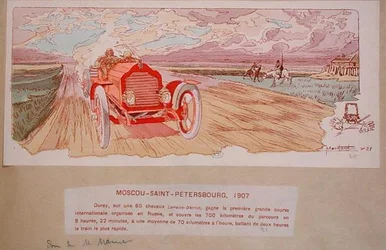 Arthur Duray en su Lorraine-Dietrich ganando el rally Moscú-San Petersburgo en 1907, c.1910