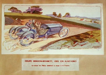 El coche Richard-Brasier conducido por Leon Thery durante la carrera Gordon-Bennett en Auvernia en 1905, c.1910 (litografía en color)