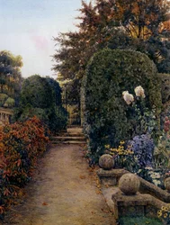 Jardín del Maestro, Clare College, Cambridge, Inglaterra. Jardín florido con balcón y escalera. Pintura de E. Arthur Rowe (-1922 británico) Collection privee