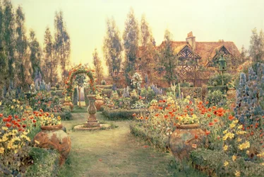 Vista de una casa de campo y jardín