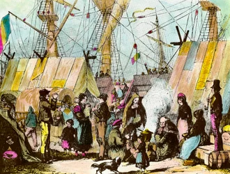 Familias de emigrantes acampadas en el puerto de Le Havre. Grabado por Ernest Charton (1813-1905) Grabado del siglo XIX Colección privada