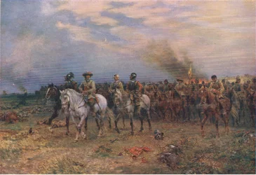 Cromwell en Marston Moor, ilustración de La Historia del Pueblo Británico publicada por Waverley, c.1940