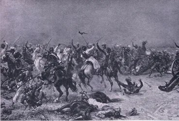 La carga de los Dragones Ligeros del Rey en Mudki, ilustración de British Battles on Land and Sea, 1915