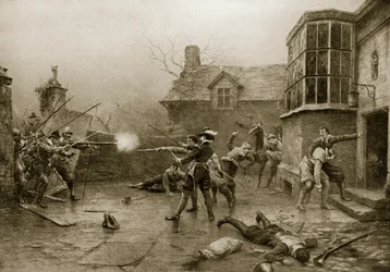 La última resistencia de los conspiradores de la pólvora, 1606, ilustración de «Hutchinson