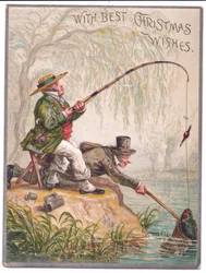 Tarjeta de Navidad victoriana de dos hombres pescando junto al río, c.1880