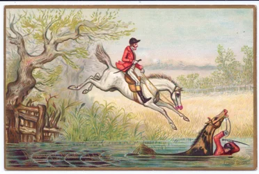 Tarjeta de Año Nuevo victoriana de una cacería de zorros con un cazador y su caballo cayendo en el río, c.1880