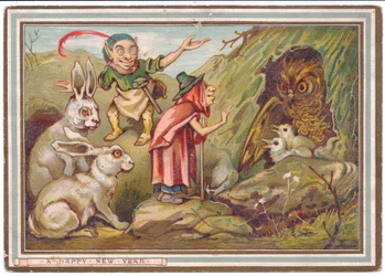 Tarjeta de Año Nuevo victoriana de una anciana saludando a un búho observada por un enano y dos conejos, c.1880