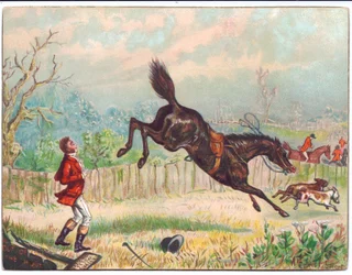 Tarjeta de felicitación victoriana de una cacería de zorros con un caballo solitario galopando dejando al cazador varado, c.1880