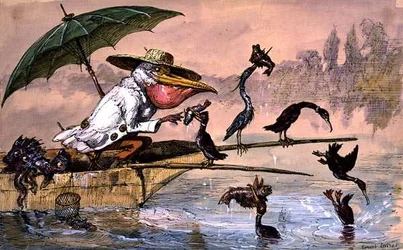 Cormoranes Presentando Peces a un Pelícano en una Barcaza bajo un Paraguas de 