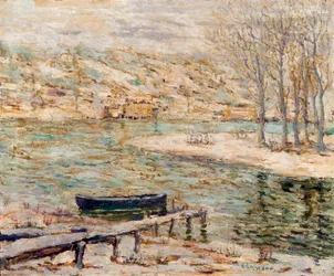 Escena del río: bote y árboles
