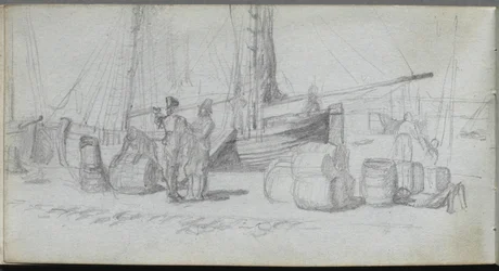 Cuaderno de bocetos, página 50: Barcos, figuras, carga en una playa