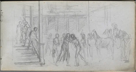 Cuaderno de bocetos, página 62: Estudio de figura, escalera, caballo