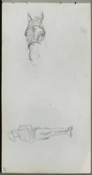 Cuaderno de bocetos, página 69: Estudio de una mano, un caballo y una figura