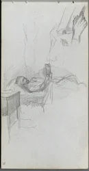 Cuaderno de bocetos, página 71: Estudio de una figura leyendo en la cama, estudio de una mano