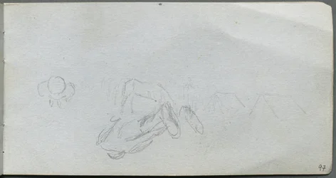 Cuaderno de bocetos, página 97: Estudio de Figuras, Edificios
