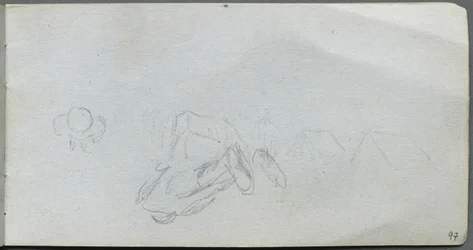 Cuaderno de bocetos, página 97: Estudio de figuras, edificios