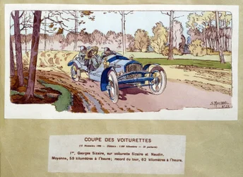 Carreras de autos: el corte de carros en 1906 - dibujo de Ernest Montaut (1878-1909)