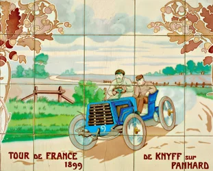 De Knyff conduciendo un coche Panhard en el Tour de Francia de 1899: azulejos de cerámica fabricados por Gilardoni Fils et Cie de París, según un dibujo de Ernest Montaut (1878-1909).