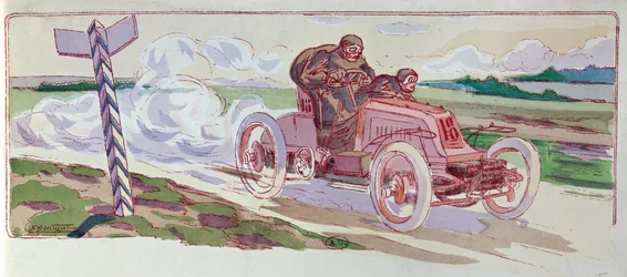 Henri Fournier en su Mors compitiendo en el rally París-Berlín en 1901, c.1910