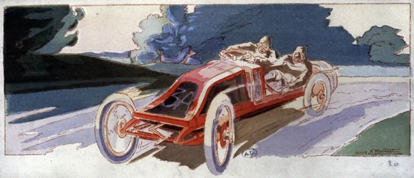 Szisz en un coche Renault, ganador del Gran Premio ACF, c. 1910 (ilustración)