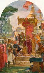 El rey Juan otorgando la Carta Magna en Runnymede, en la orilla del río Támesis cerca de Windsor, Inglaterra, 15 de junio de 1215. De la Historia de Inglaterra de Cassell, publicada c.1901